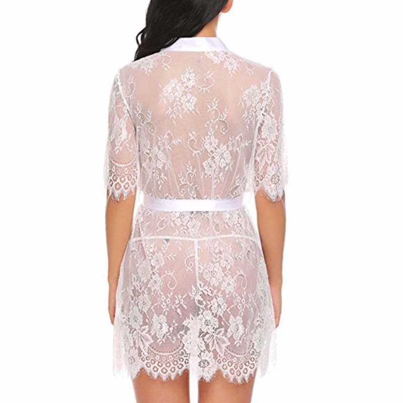 Charming durchschauen Floral Lace Self-Binding Thin Nightgown Bademantel mit Schärpe