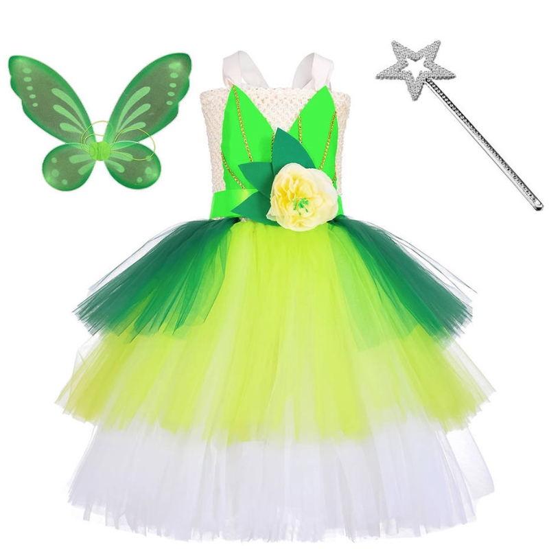 Halloween Cosplay Princess Baby Girls Party Grüne Blumenfee Tinker Bell Kleid Elf Kostüm mit Schmetterlingsflügeln Sets