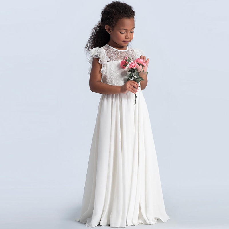 Mädchen Spitze Maxi Kleid Kinder Rüschen Ärmel Prinzessin Tüll Kleider Brautjungfer Erstes Kommunion Festzug Blumenmädchen Vestidos Kleider