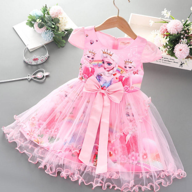 2-8y Girls Kleid Kleid Sommer Neues Kurzarm Prinzessin Elsa Mesh Tutu Rock Kinder\'s Geburtstagsfeier Cosplay Kleid