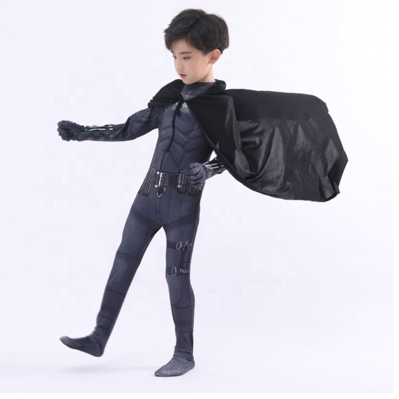 Neuer Stil schwarzer Bodysuit Halloween Kids Superhelden Kostüme Cosplay Film Kostüm Pattinson der Fledermaus -Mann mit Cape&Maske