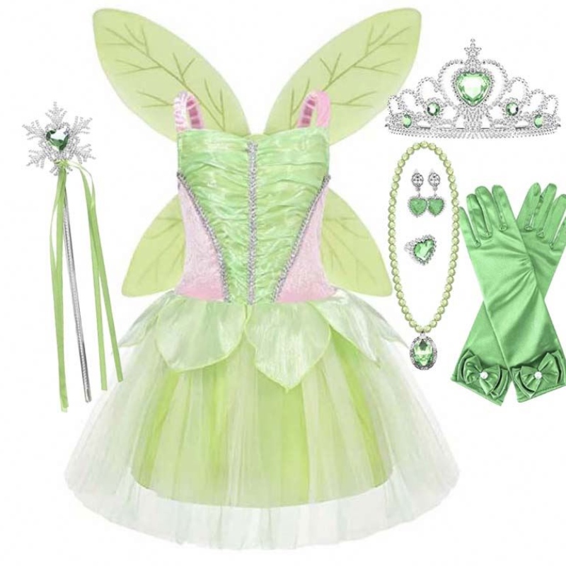 Halloween Cosplay Baby Girls Party Weihnachten Grüne Blumenfee Tinker Bell Outfit mit Schmetterlingsflügeln Sets HCTB-005
