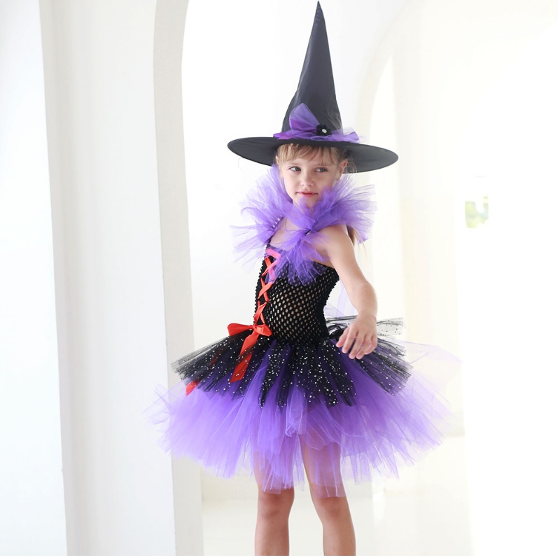 Amazon heißer Verkauf Tutu Witch Kleid Kostüm für Mädchen mit Hexenhut Halloween Karneval Party