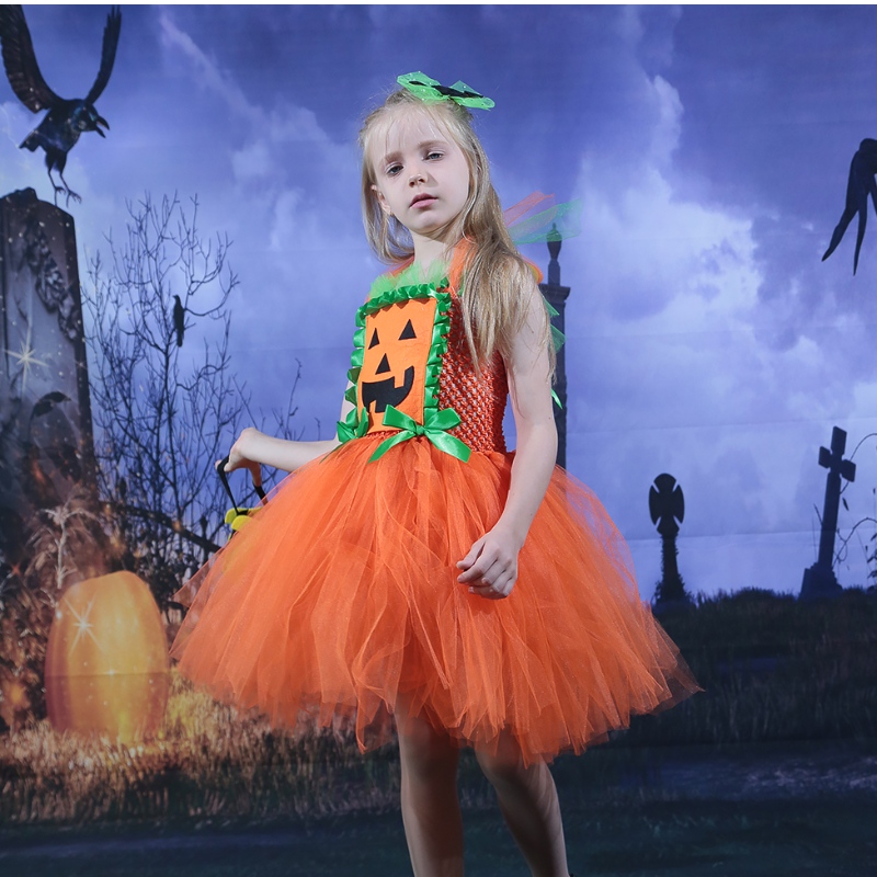 Amazon heiß verkaufte Kinder Girl Halloween Kleid Kürbis Mesh Tüll Tutu Kleid